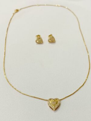 Conjunto Coração Cravejado Gabriela - em banho ouro 18k