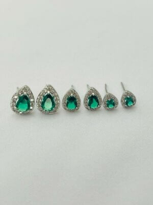 Trio Gota Verde Esmeralda Celina - em banho Ródio Branco